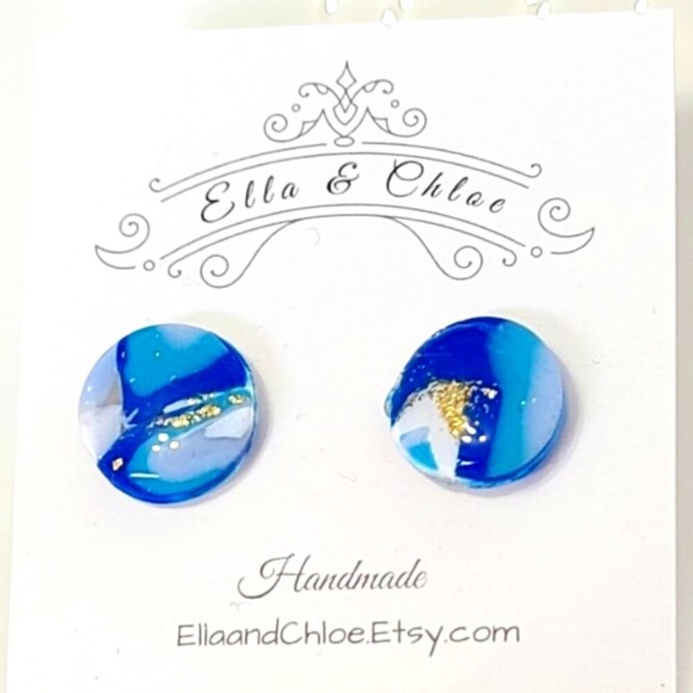 Handcrafted Blue White Gold Resin Gemstone Agate Marble Round Stud Earrings